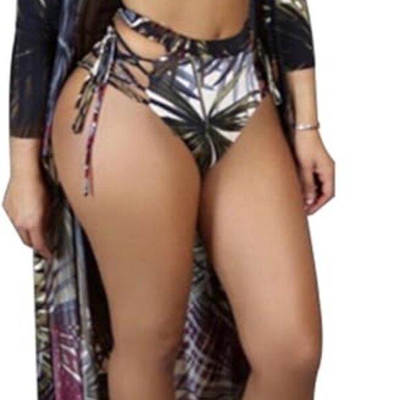 NWOT Women's Printed 3 Pieces High Waist Bikini & Maxi Swimsuit Cover up SZ L - Picture 7 of 7